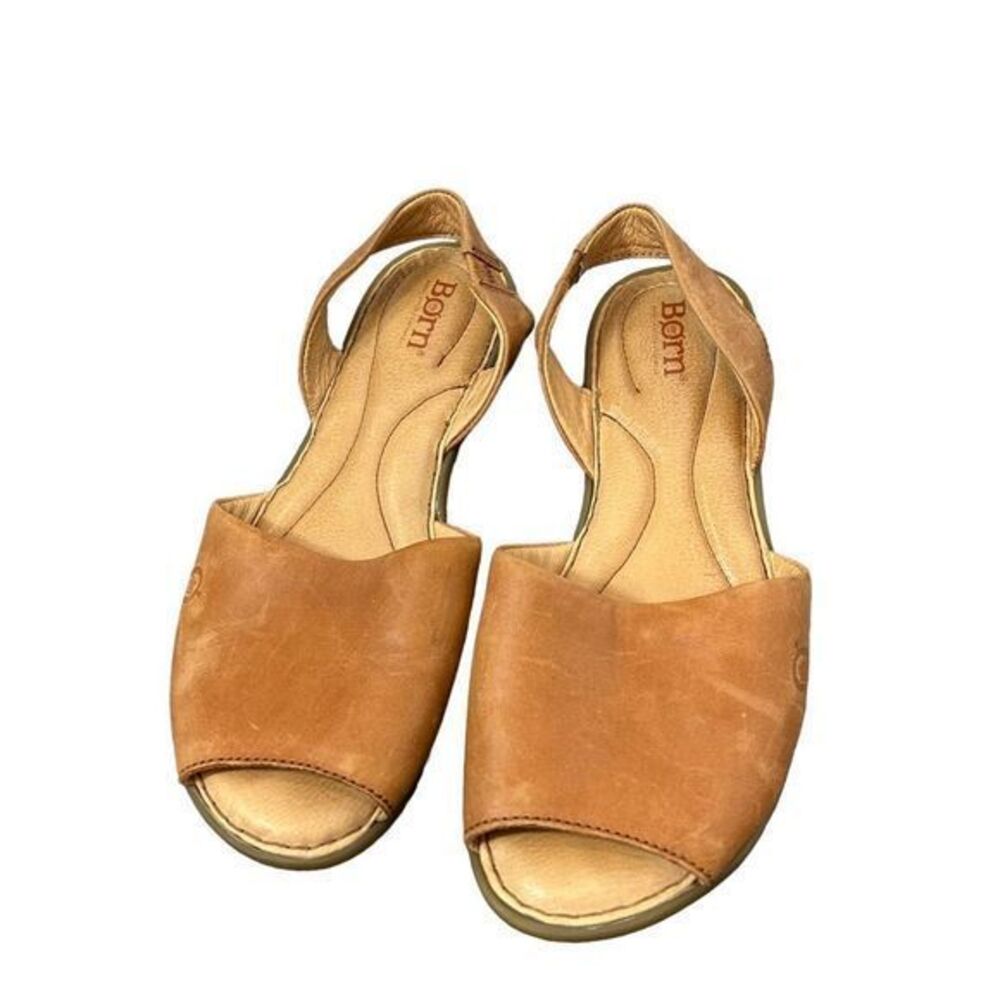 Born Womens Brown Leather Sandals Slip On Flats Cushion Comfort Neutral sz 8